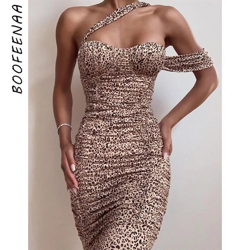 

BOOFEENAA Leopard Print Sexy Club Dresses Woman Party Night Elegant Ruched Backless Bodycon Bandage Dress Fall 2019 C83-AC08