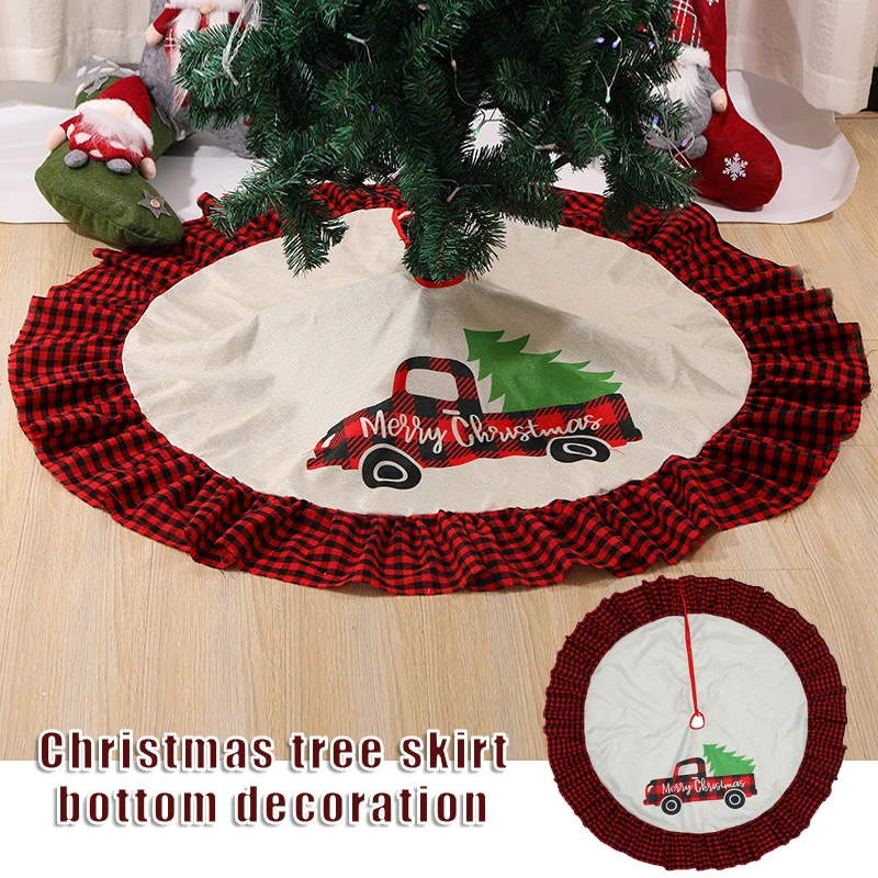 Christmas Tree Skirt Foldable Linen Red and Black Plaid Edges Xmas