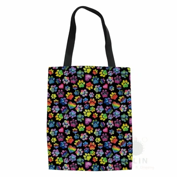 

Women's Shopping Bags Cute Paw Prints With Hearts On Black Printing Shoulder Tote Bags Ladies Canvas Shopper Bag Reusable Bolsas