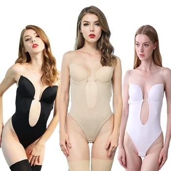 

Woman Deep V Bodysuit Clear Strap Backless Plunge Thong Push Up Padded Bra Body Shaper Suit Convertible Seamless Low Back