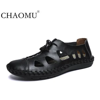 

Sandal suede flat heel handmade male middle-aged man summer full leather light soft driving shoes hollow holes