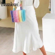 Bazaleas Шикарная шелковая Женская юбка миди, винтажная Женская юбка с высокой талией, тонкая ретро юбка с боковой молнией