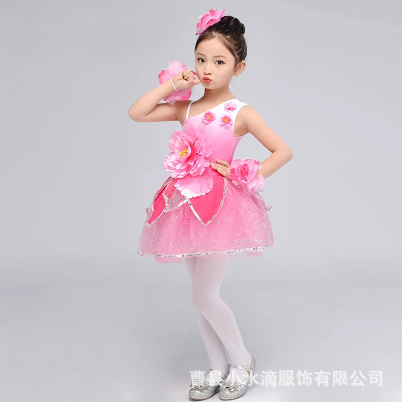 

Peach Blossom Blossoming Open Children Dance Performance Clothing Pink Princess Tutu Sloping Shoulder Jasmine Petal Performance