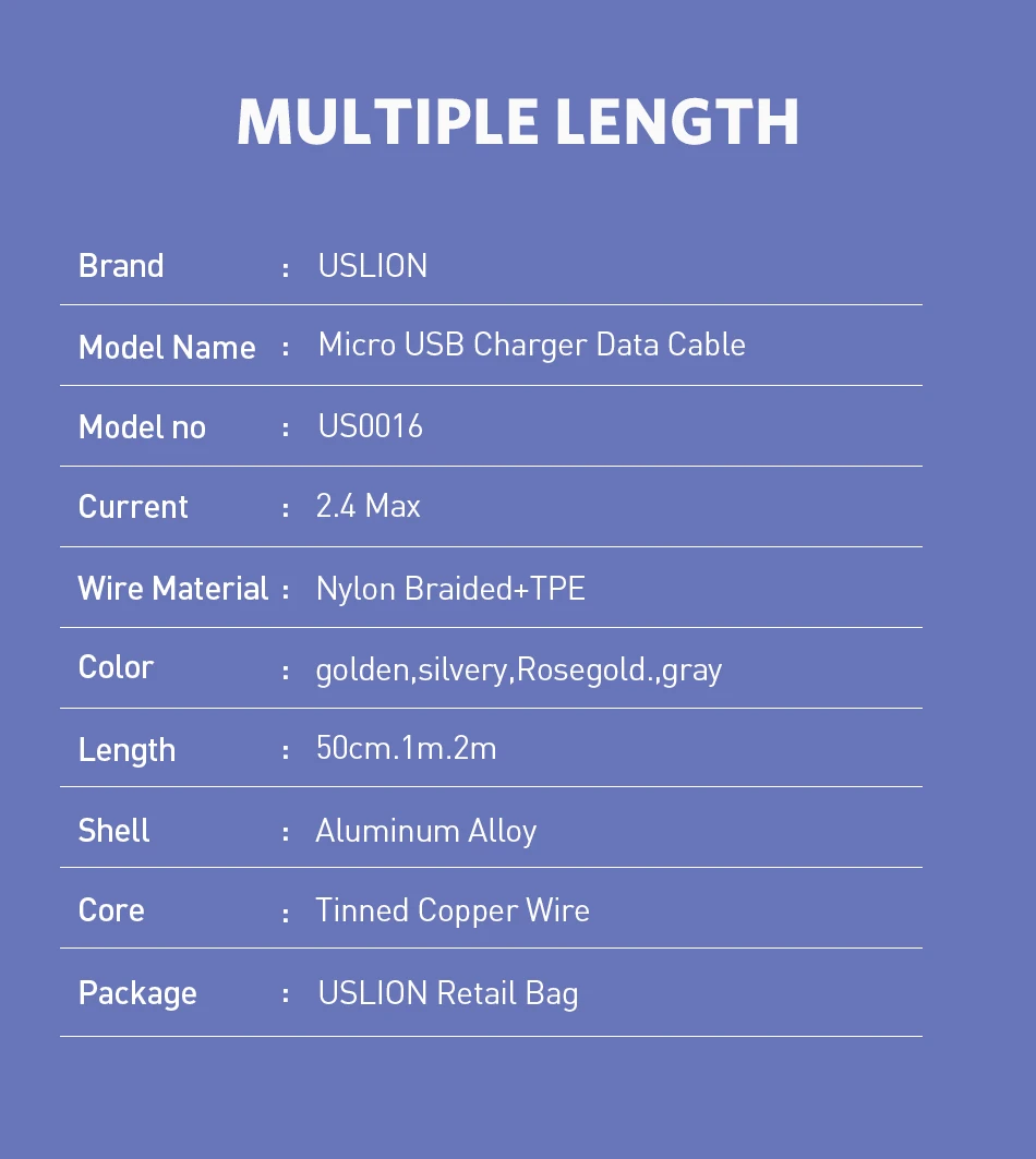 USLION кабель Micro USB для samsung, Xiaomi, huawei, планшета, Android, Micro USB, шнур для зарядки телефона, 2,4 А, кабель для зарядки и передачи данных, адаптер