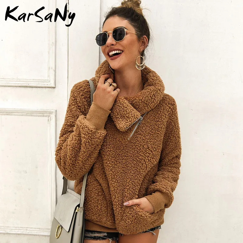 Khaki KarSaNy/теплые свитшоты на молнии для женщин, Осенние Топы, модные женские плотные свитшоты для женщин, женская зимняя Толстовка на каждый день - Цвет: Khaki