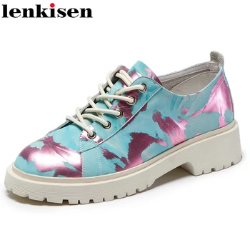 

Lenkisen preppy style leisure full grain leather print thick bottom round toe lace up med heel daily wear maiden women pumps L70