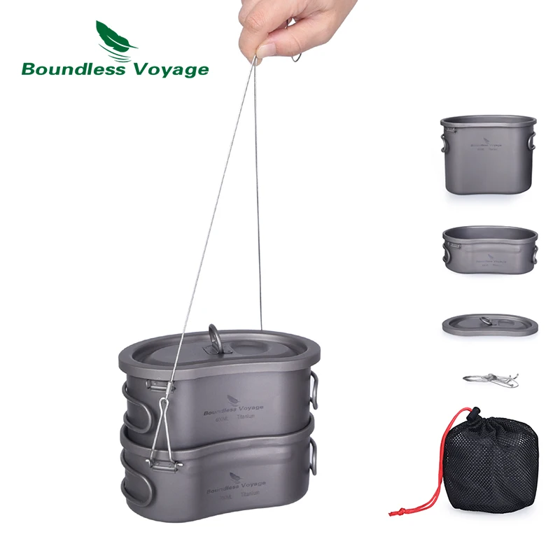  Boundless Voyage Titanium Camping Pot Set with Hanging Ring Lunch Box Portable Bowl Picnic Cookware