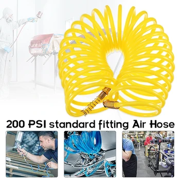 

25Ft 1/4 Inch Car Flexible Air Hose Yellow Spring End Tire Compressor Npt Pneumatic Car Fixed Couplers Tools Accessories