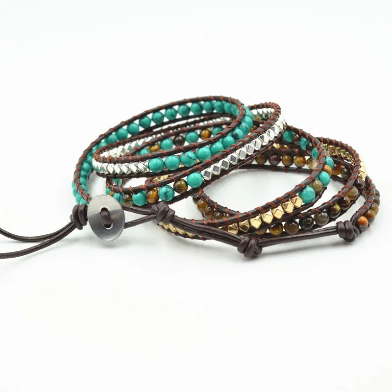 BohemianVintage Bracelets Natural Stones Tube Beads Leather Wrap with Gold Silver Metal Beads Bracelets Handmade Gift forWomen
