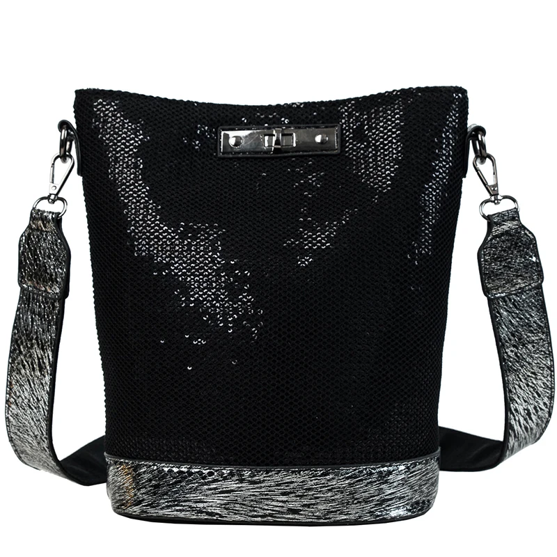

MONNET CAUTHY New Arrival Shoulder Bag Classic Fashion Sequins PU Practical Bucket Bag Solid Color Black Zipper Crossbody Bags
