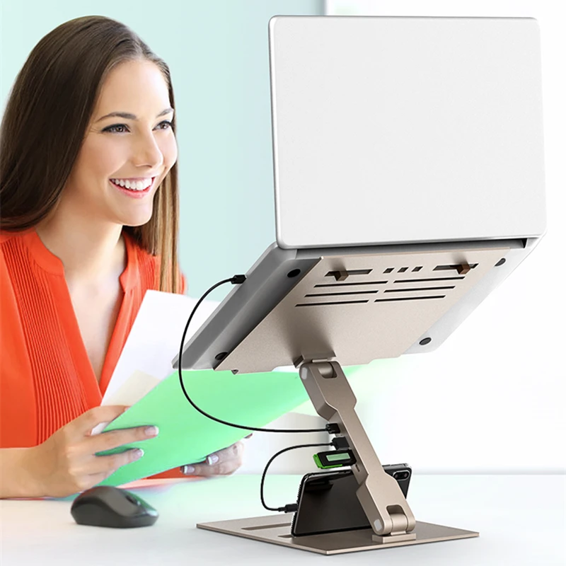 Multifunction Laptop Stand with USB Hub Aluminum Height/Angle Adjustable Notebook Holder Hands Free Smartphone/Tablet Stand