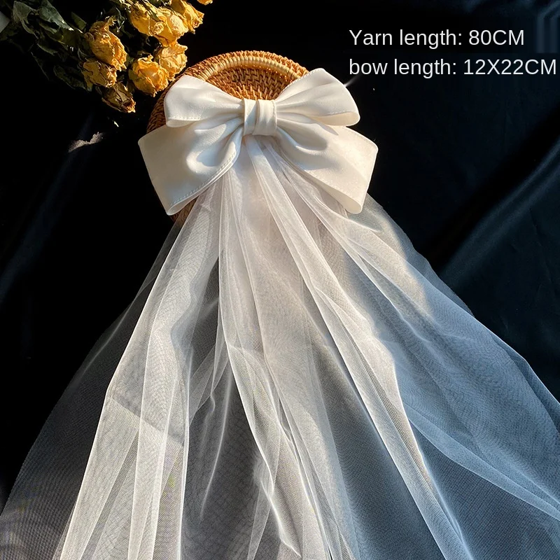 Bow Veil Wedding Trip Shoot Photo White Satin Mesh Barrettes Bridal Hair Accessories