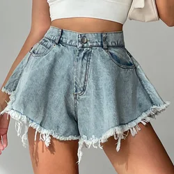 2022 nova mulher denim shorts com buracos e cintura alta solta borla jeans S XXL