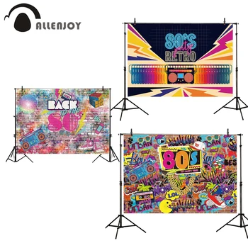

Allenjoy 8o's Party Banners Colorful Graffiti Radio Skateboard Shoes Bricks Backdrops Disco Celebrate Events Supplies Wallpaper