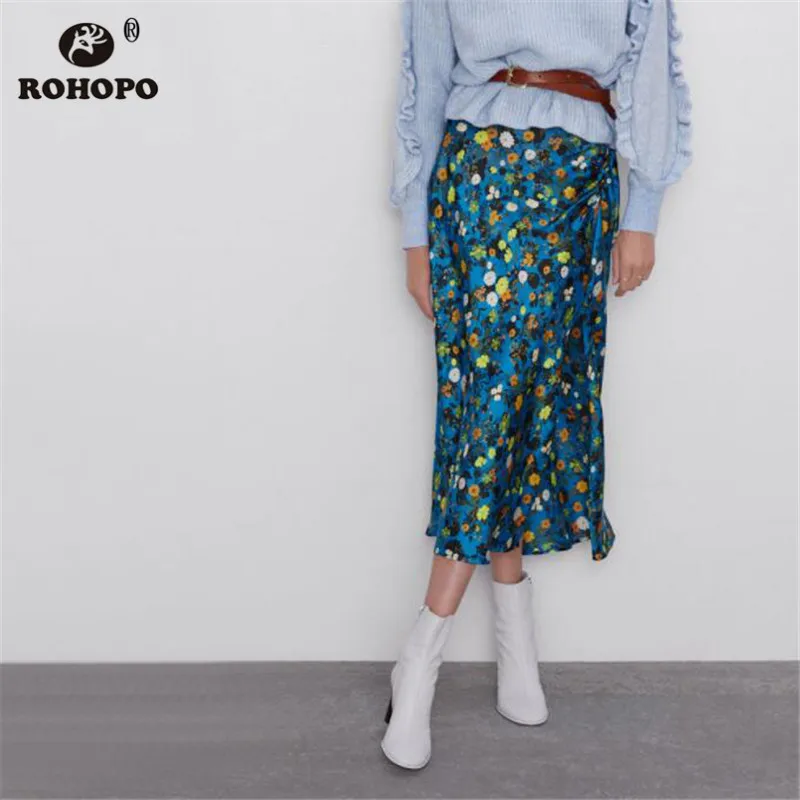 

ROHOPO Women Autumn Floral Blue Midi Skirt High Waist Side Slit Daisy Printed Mid Calf Bottom #2197