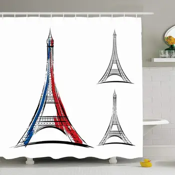 

Shower Curtain Set with Hooks 60x72 Pray Eiffel Drawing in Graphic Bastille Tower Red France 14 On Day Blue White Celebrate