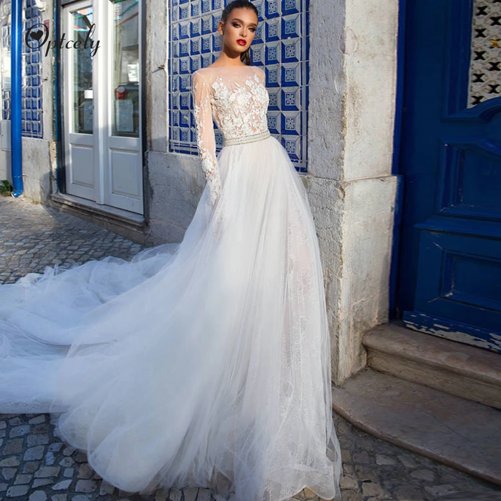

Optcely Elegant Beautiful A-line Scoop Neck Long Sleeve Button Wedding Dress 2019 Quality Sweep Train Bride Gown Robe De Mariee