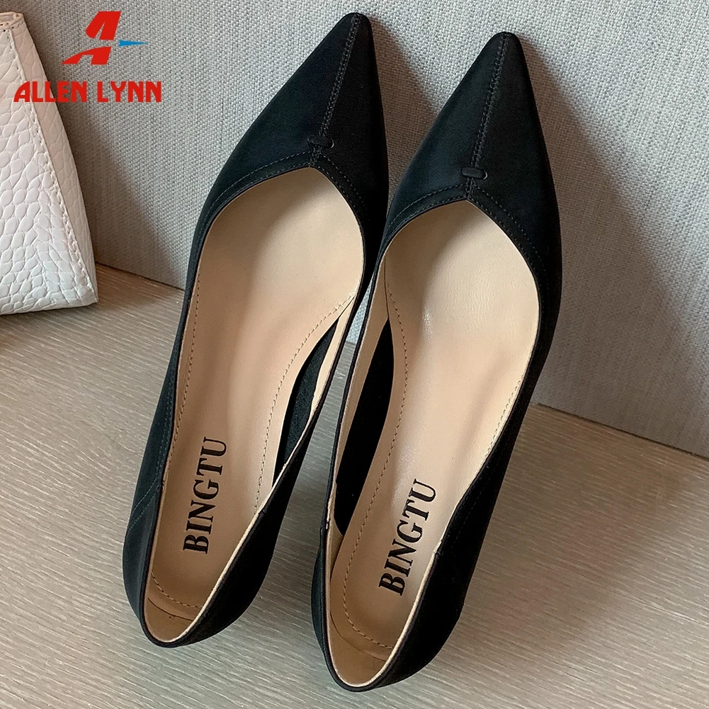 

ALLEN Ladies Elegant Shallow Shoes Woman Pointed Toe Genuine Leather Pumps Women Spring Med Heels Office Pumps