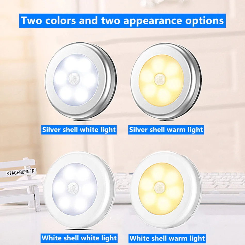 Night Light 6LEDs Sensor PIR Infrared Motion LED Bulb Auto On and Off Closet Battery Power For home Wall Lamp Cabinet Stairs candle night