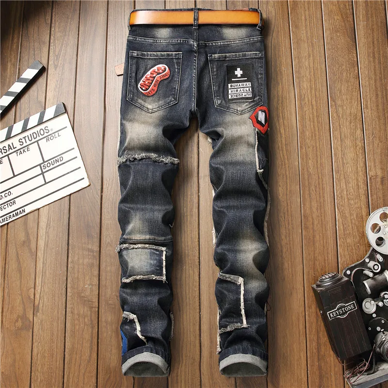 Men’s luxury hole ripped retro jeans distressed badge patched embroidery denim pants slimming hard washed casual jeans pants 3