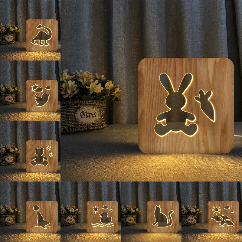 

3D LED Wooden Night Light Rabbit Bear Dinosaur Cat Duck Table Lamp USB Power Desk Lights For Baby Kids Christmas New Year Gift