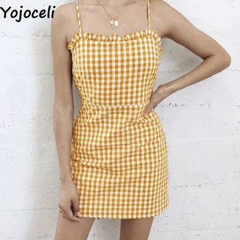 

Yojoceli Sexy plaid short ruffle strap bodycon dress Summer beach elegant casual cool dress Beach mini sundress female vestidos