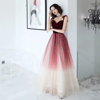 

Burgundy Spaghetti Strap Evening Dress Women Bling Sequins Prom Gown Sexy Maxi Sleeveless Cheongsam Mesh Robe de Soiree