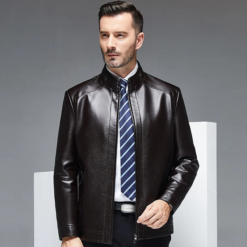 

Spring And Autumn New Style Leather Coat Men's Middle-aged Men Business Casual Stand Collar Leather Jacket Coat Tops Dad-