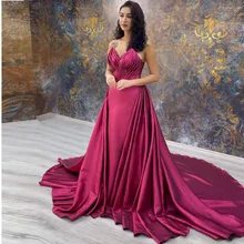 

New Elegant Evening Dresses Satin Off The Shoulder V-Neck Sleeveless Sweep Train Long Formal Prom Dress Robe De Soirée Femme