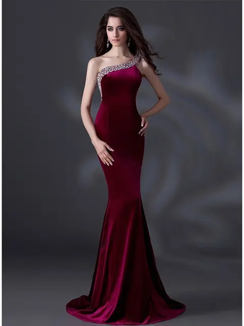 $US $91.80 Arabic Dubai Burgundy Prom Dress 2021 Velvet Mermaid One-Shoulder Beading  Formal Party Gowns Vestidos De Noiva