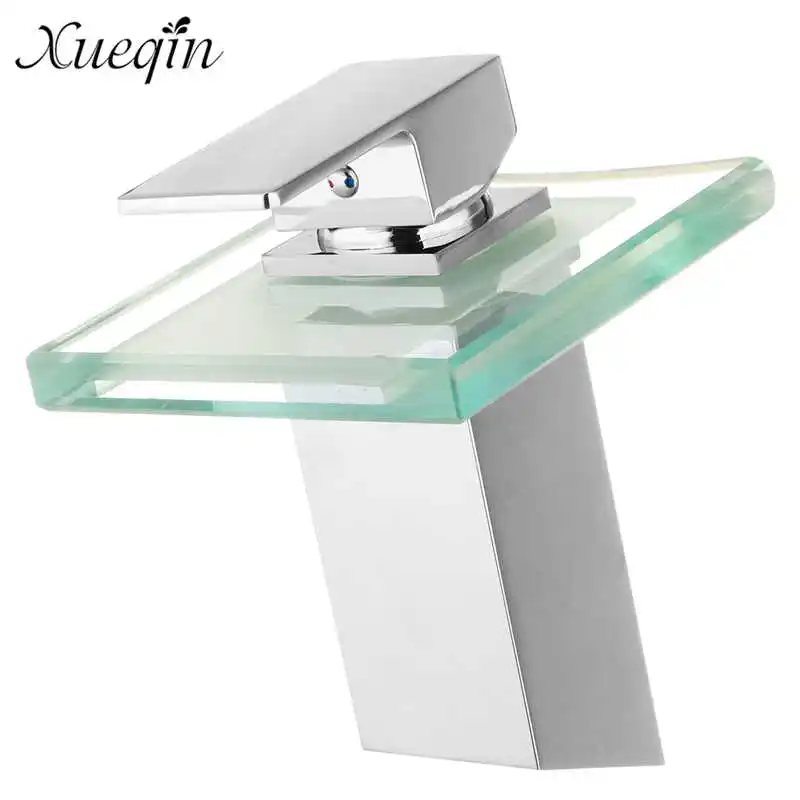 

Xueqin Color Change LED Solid Glass Waterfall Basin Faucet Basin Mixer Tap Single Lever Deck Mounted Cold And Hot Chrome Finish