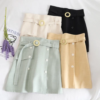 

Casual A-Line Women Skirt Mini High Waist Belt Female Skirts Fashion Vintage Sashes Solid Ladies Above Knee Summer Button Skirt