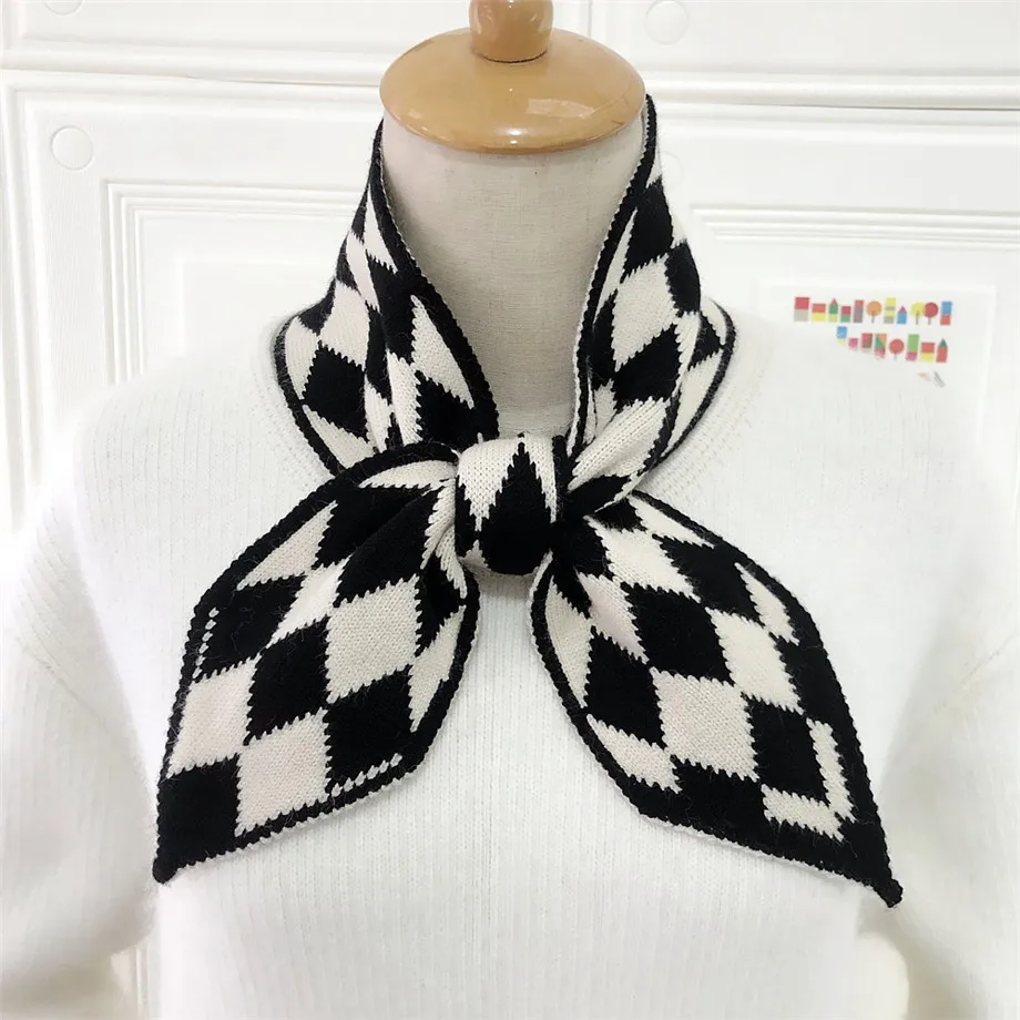 Геометрический клетчатый зимний шарф, брендовый вязаный шарф с острым углом, женский длинный обтягивающий маленький шарф, женский шейный платок, шарфы - Цвет: Black