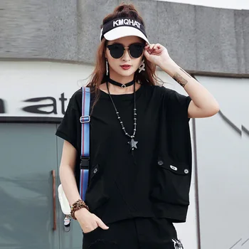 

2020 Women Vintage Loose Summer T Shirt Fashion Temperament Pocket Cotton O Neck Short Sleeve Solid Tops Big Size Tide