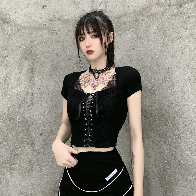Black Goth Women Short T-shirt 2020 Summer Lady Tight Lace Hollow Out Lacing Drawstring Tshirt Cool Top Hipster Basic Sexy Solid