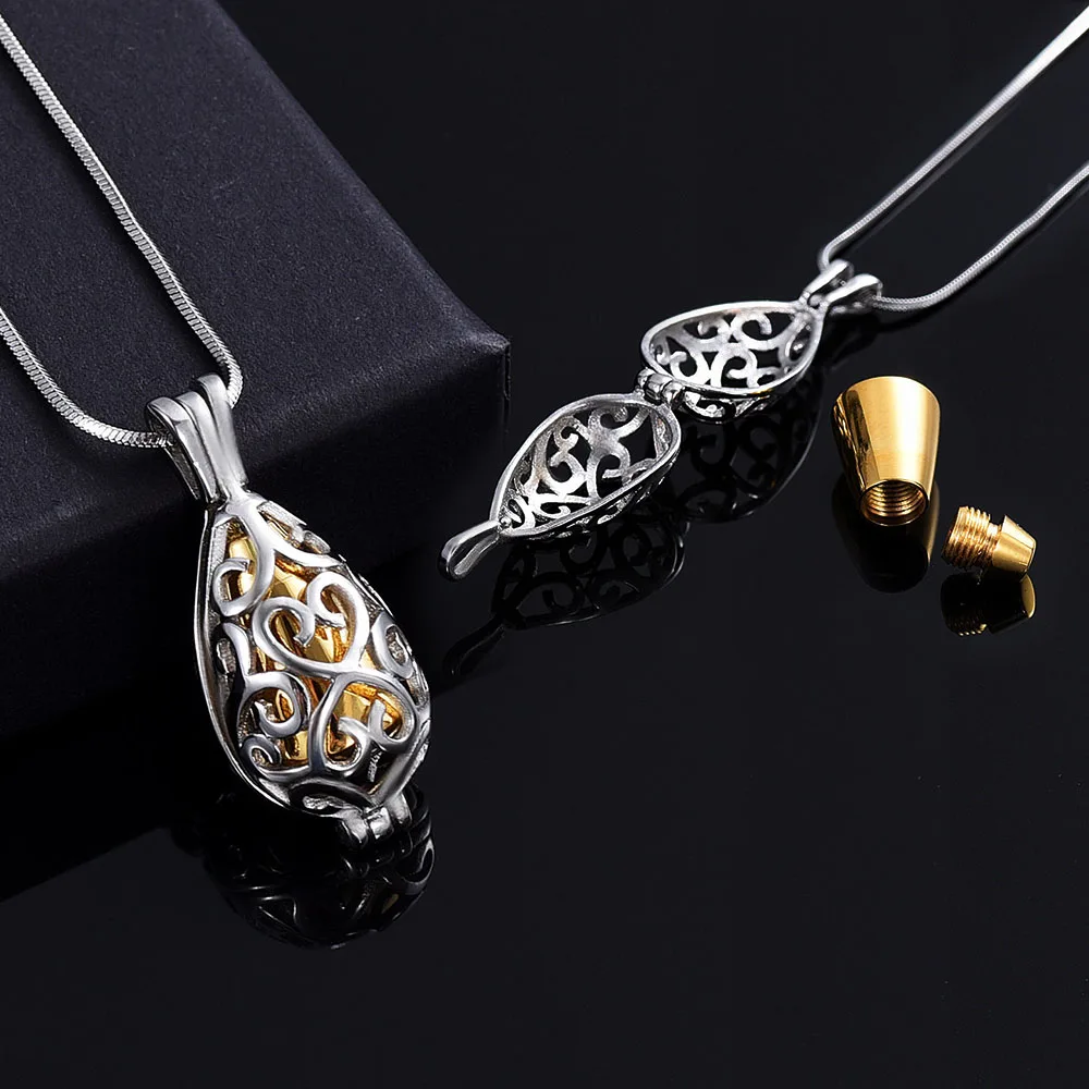 Cremation Jewelry Teardrop Urn Necklace for Ashes with Hollow Memorial