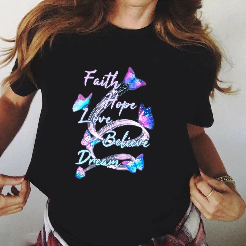 Женская футболка с надписью Faith Hope Love розовая в Корейском стиле Повседневная