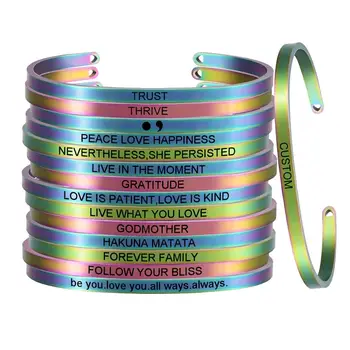 

Rainbow 4MM "FOREVER FAMILY" Stainless Steel Positive Inspirational Personalized Bracelet Mantra Bangle Women Customized