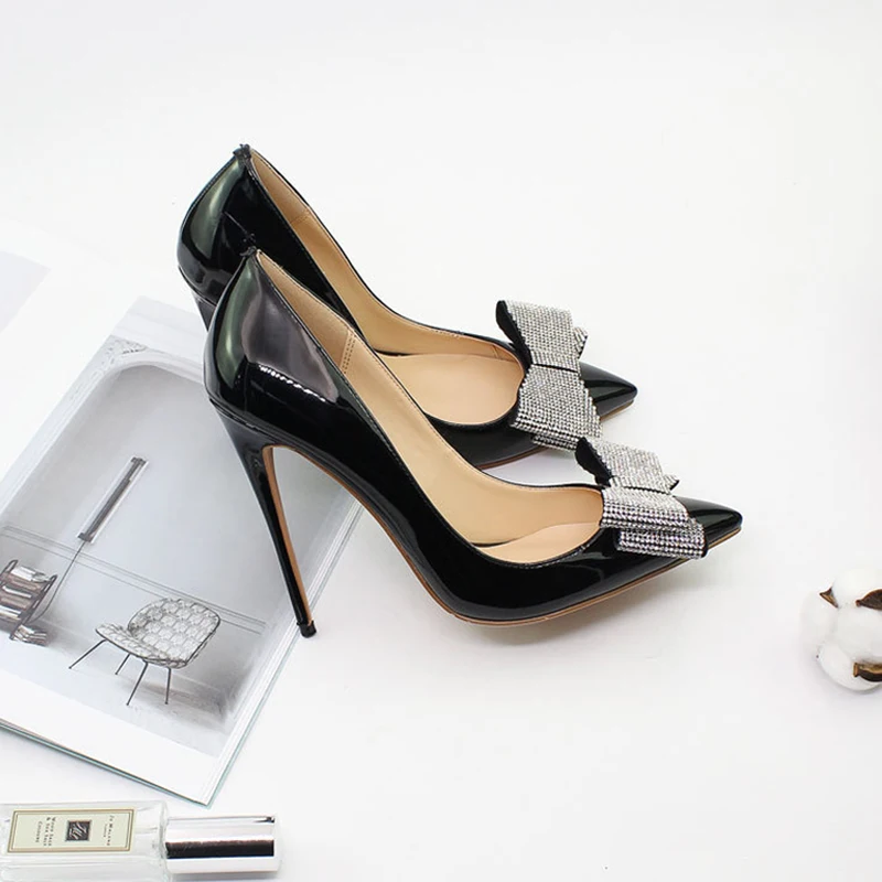 

Black Shiny bowtie crystals High Heel Shoe Sexy Pointed Toe Thin Heels Woman Pumps Dress Heels Party Shoes Nightclub Pumps
