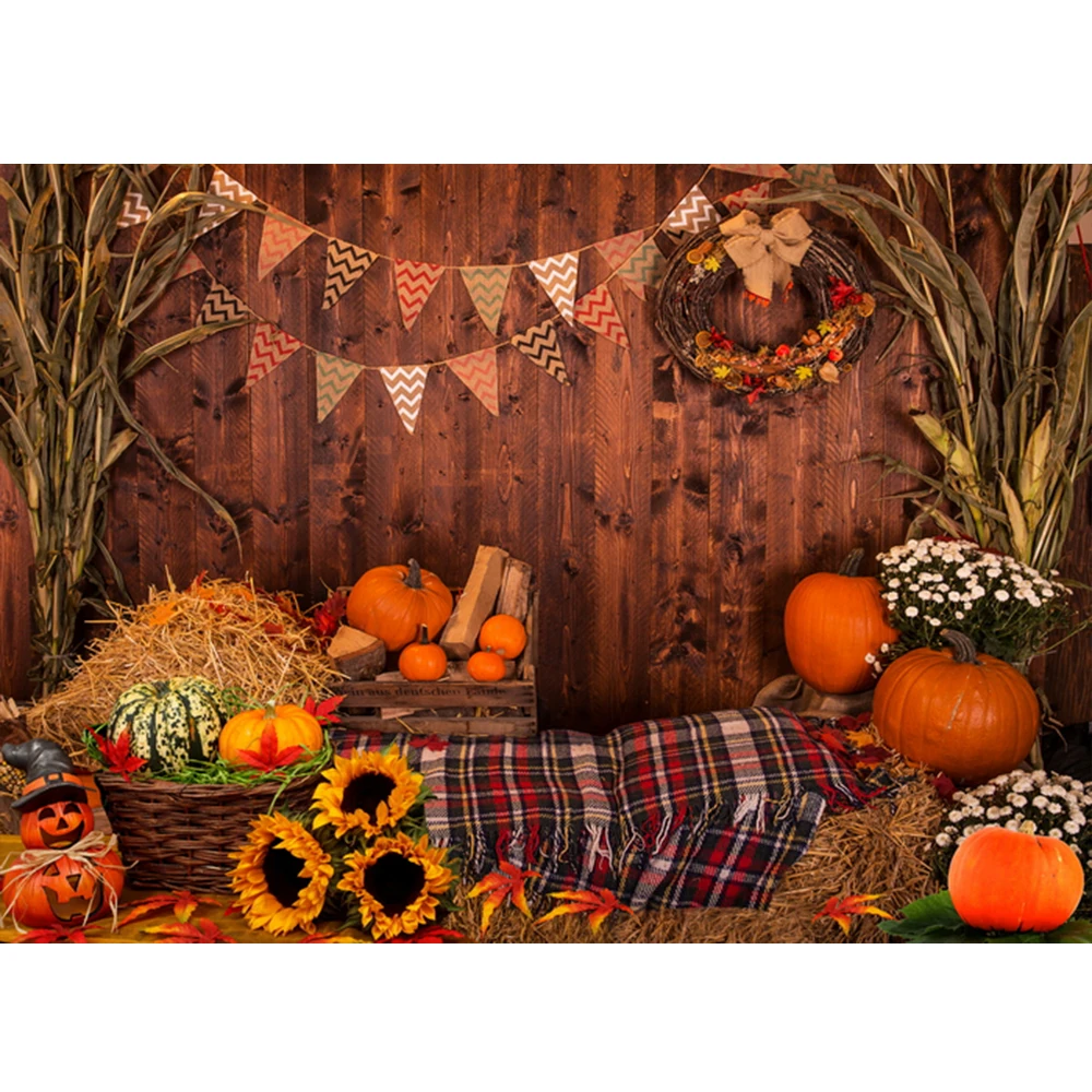 Фон для фотосъемки осень Хэллоуин Тыква сарай дерево сено Подсолнух фон