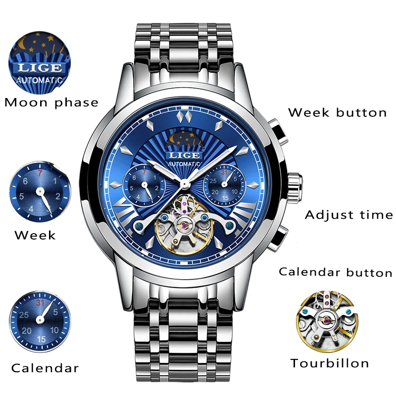 

LIGE Men's watches Mens Watches top brand luxury Automatic mechanical sport watch men wirstwatch Tourbillon Reloj hombres 2019
