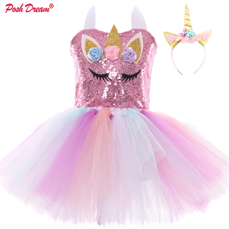 POSH DREAM Fancy Sequins Flower Girls Unicorn Tutu Dresses Cosplay Children Party Costumes for Halloween Birthday | Детская одежда и