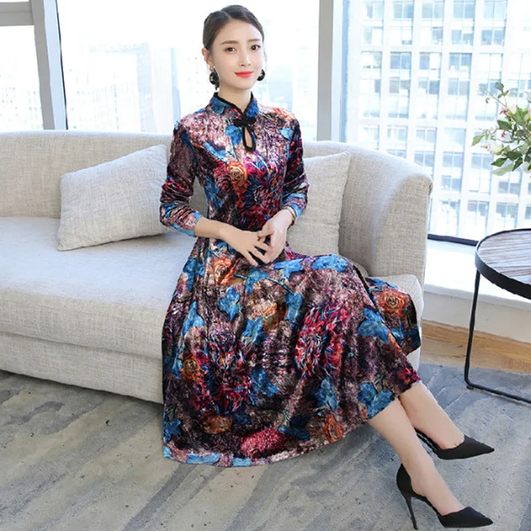 

Autumn Clothing 2019 New Style Middle-aged Large Size Dress Improved Cheongsam Style Slim Fit Slimming Big Hemline Mid-length Dr