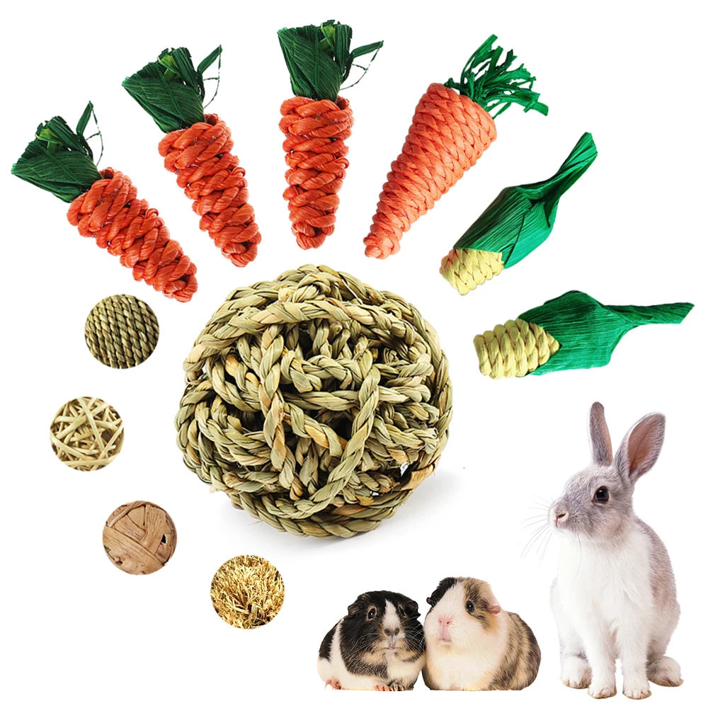 Juguete para masticar con forma de conejo hámster para morder, juguete para dientes, maíz, zanahoria, bolas tejidas para Limpieza de dientes, rábano, Molar, juguetes suministros para mascotas