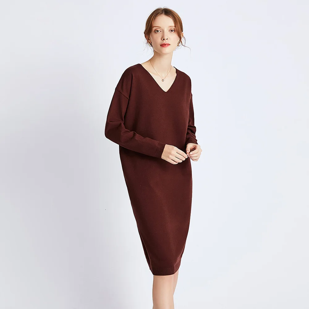 

Autumn Knitted Sweater Dress Knee-length V Neck Long Sleeve Women Casual Pullover Jumper Mujer Fashion Ladies Dress Vestidos
