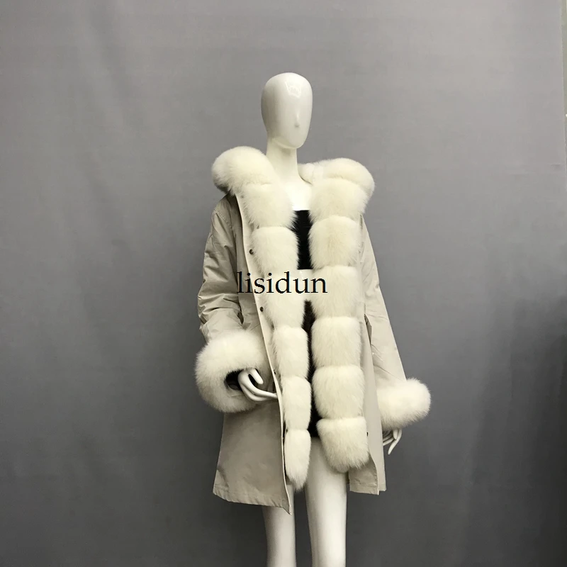 LISIDUN настоящая меховая Парка женская зимняя куртка натуральный Серебряный лисий мех пальто с капюшоном настоящая подкладка из кроличьего меха куртка женская шуба