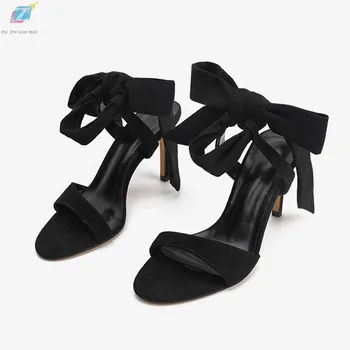 

High Heels Sandals Shoes Woman 2020 Summer New Black Flock Bow Ankle Strap Open Toe Sexy High Heels Sandals Fashion Women Shoes