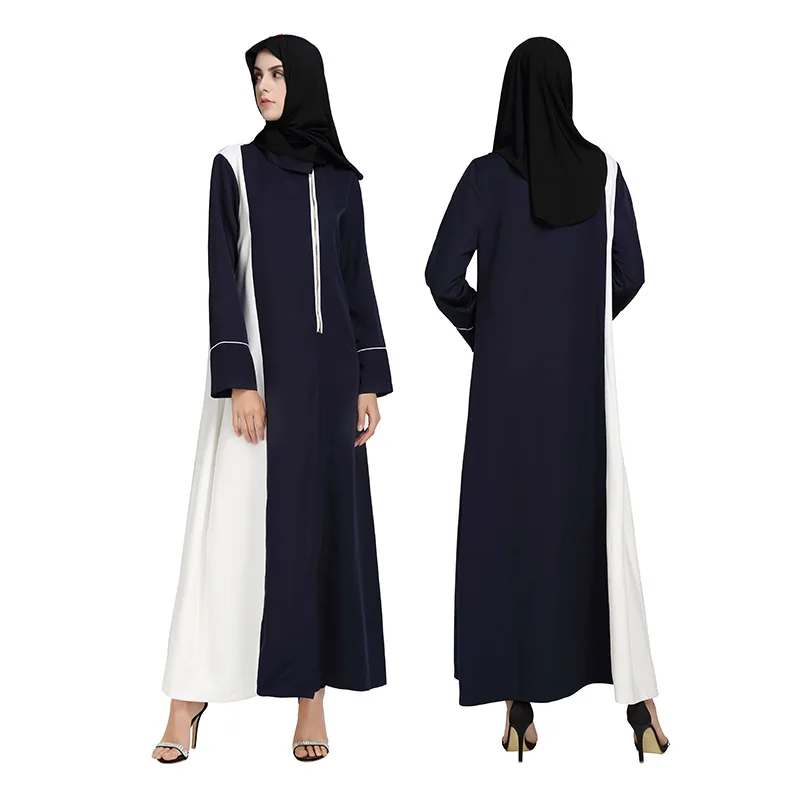

Photo Shoot Muslim Arab Spring And Summer Long Sleeve Joint Contrast Color Long Skirts Zipper Fold-down Collar Dress