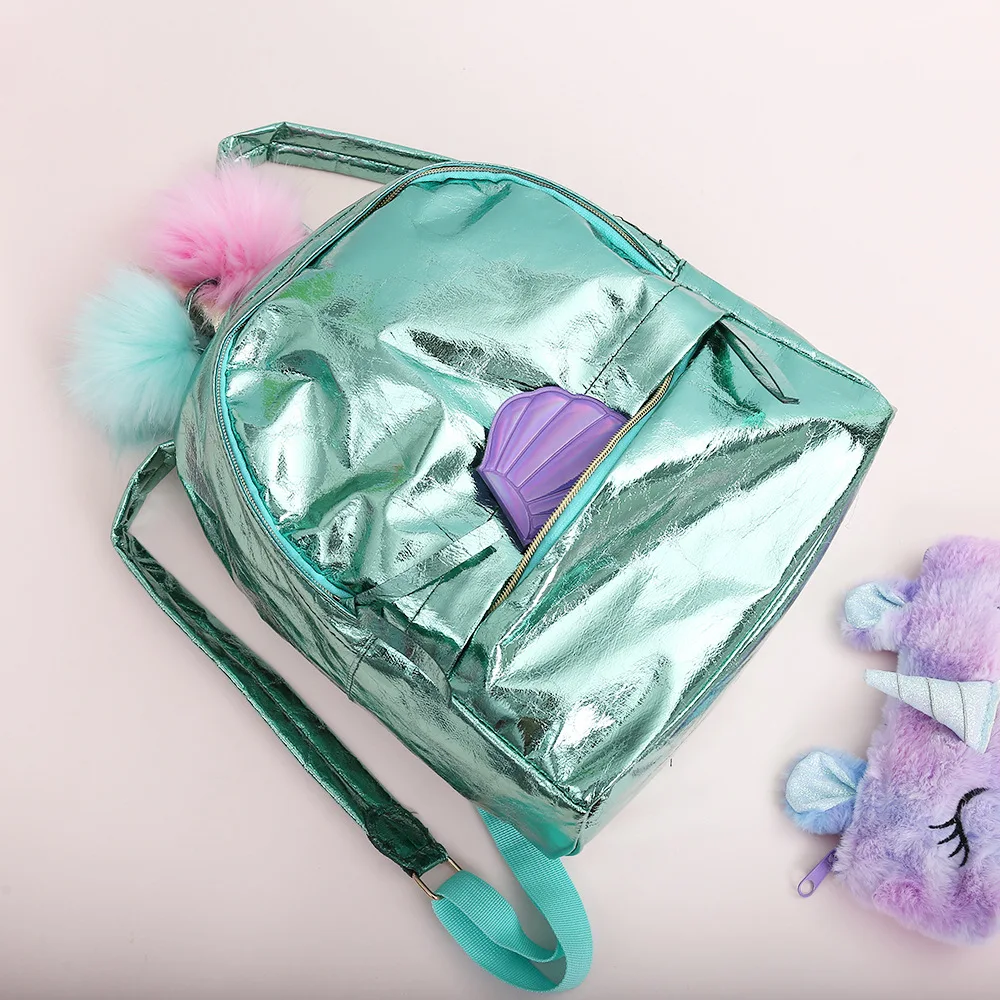 Модный сверкающий рюкзак с лазером из искусственной кожи для девочек-подростков, школьный голографический рюкзак, сумка на плечо для путешествий с помпоном