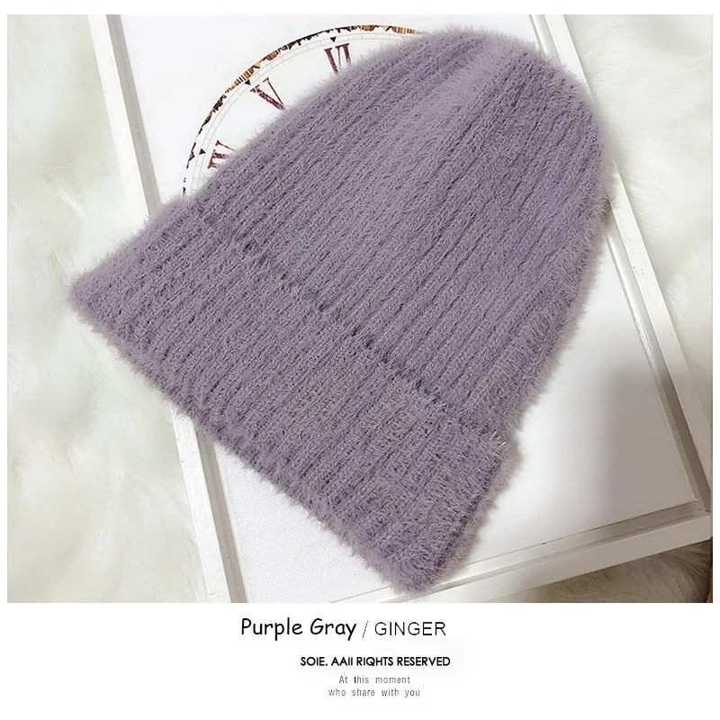 purple gray Модная однотонная Шапка-бини из кроличьего меха для женщин, зимние теплые шапки Skullies, толстые вязаные шапки czapka zimowa gorros mujer invierno - Color: purple gray